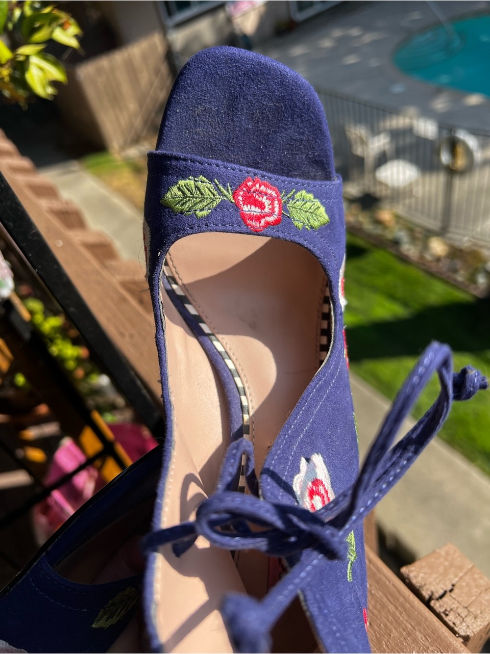 Betsey Johnson Navy Suede Peep Toe Heels with Red Rose Embroidery